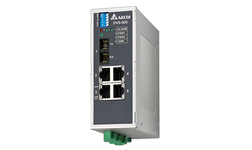 Delta Wide Temp Unmanaged Ethernet Switch w/built-in alarm IO, 4 Ethernet ports, & 1 MultiMode Fiber Port DVS-005W01-MC01