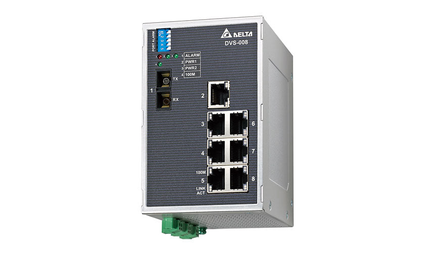 Delta Wide Temp Unmanaged Ethernet Switch w/built-in alarm IO, 8 Ethernet Ports & 1 MultiMode Fiber Port DVS-008W01-MC01
