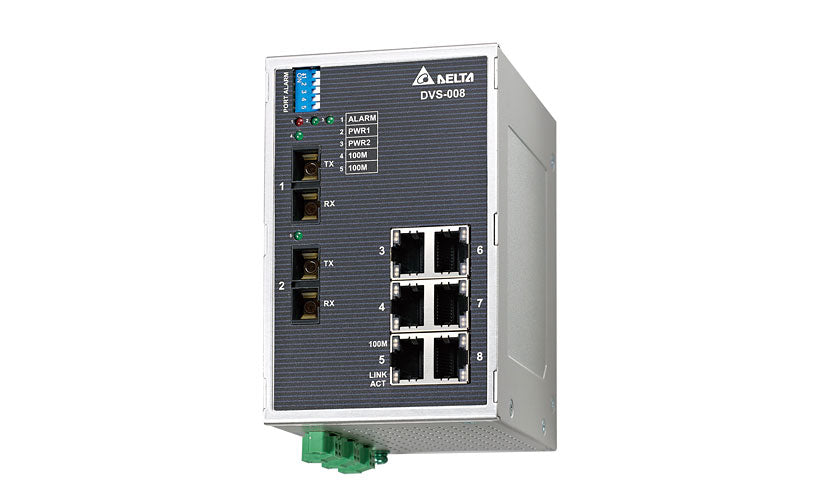 Delta Wide Temp Unmanaged Ethernet Switch w/built-in alarm IO, 8 Ethernet Ports, & 2 MultiMode Fiber Ports DVS-008W01-MC02