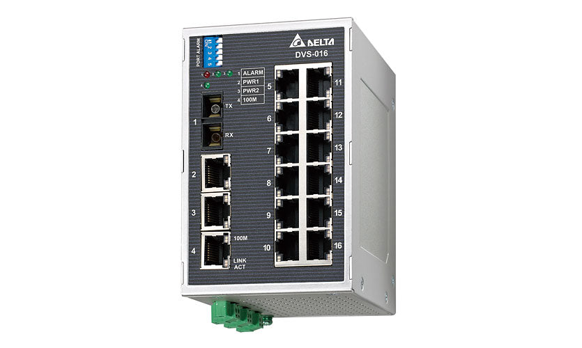 Delta Wide Temp Unmanaged Ethernet Switch w/built-in alarm IO, 15 Ethernet Ports & 1 MultiMode Fiber Port DVS-016W01-MC01