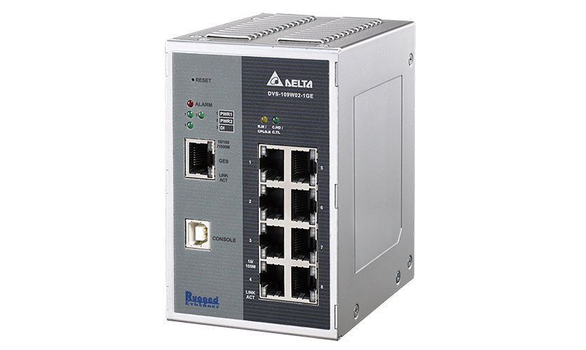 Delta Wide Temp Unmanaged Ethernet Switch w/built-in alarm I/O, 15 Ethernet Ports, & 1 Single Mode Fiber Port DVS-016W01-SC01