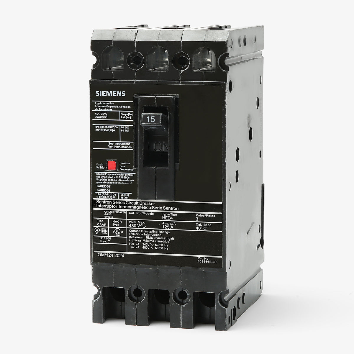 Interruptor termomagnético SENTRON marco ED, 15A, alta capacidad interruptiva (HH)